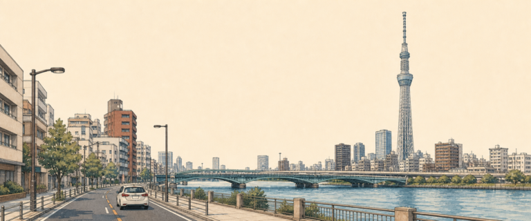 東京スカイツリーと隅田川沿いの道路を走る白い車を描いた墨田区のイラスト