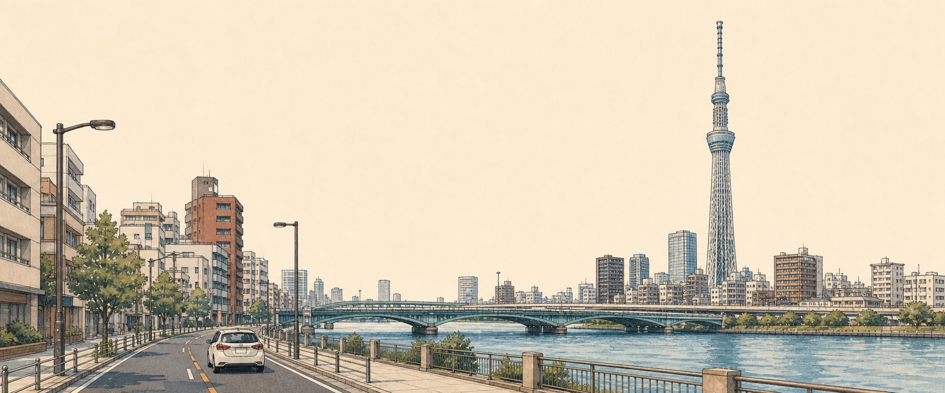 東京スカイツリーと隅田川沿いの道路を走る白い車を描いた墨田区のイラスト