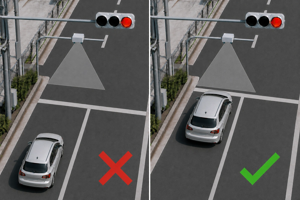 感応式信号で停止線から大きく離れて止まる車と、車線中央で停止線の直前に止まる車の比較