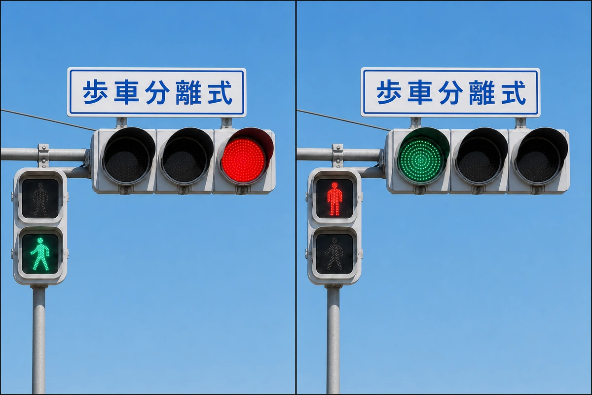 歩車分離式の表示板が付いた信号で、車両用赤・歩行者用青と、車両用青・歩行者用赤の二つの状態を並べた図