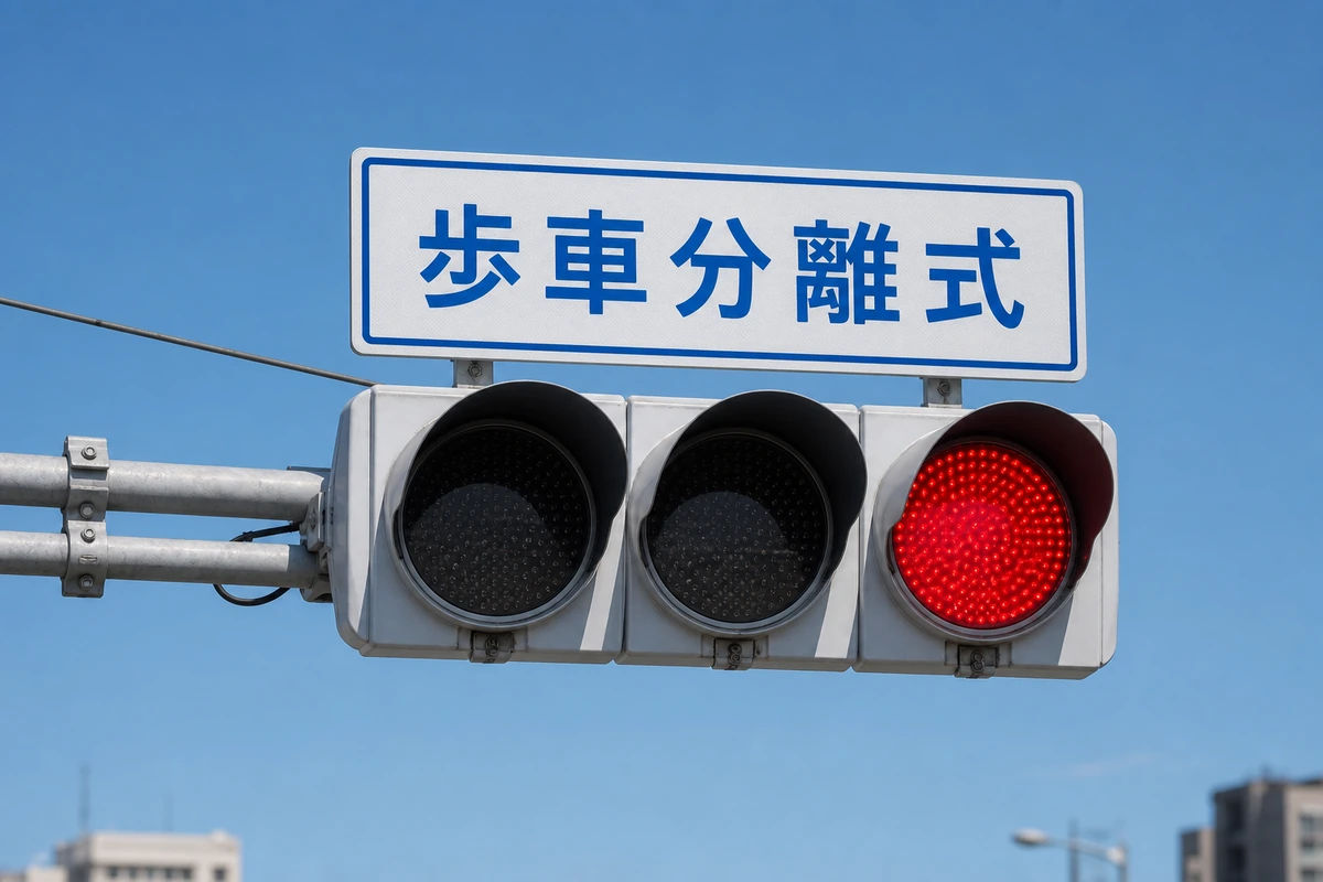 歩車分離式の表示板が付いた赤信号点灯中の三灯式信号機