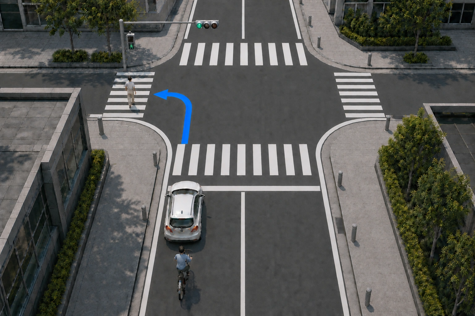 四方向に横断歩道がある日本の交差点で、道路左端へ寄せた左折車と後方の自転車、左折先の横断歩道を渡る歩行者を示す図