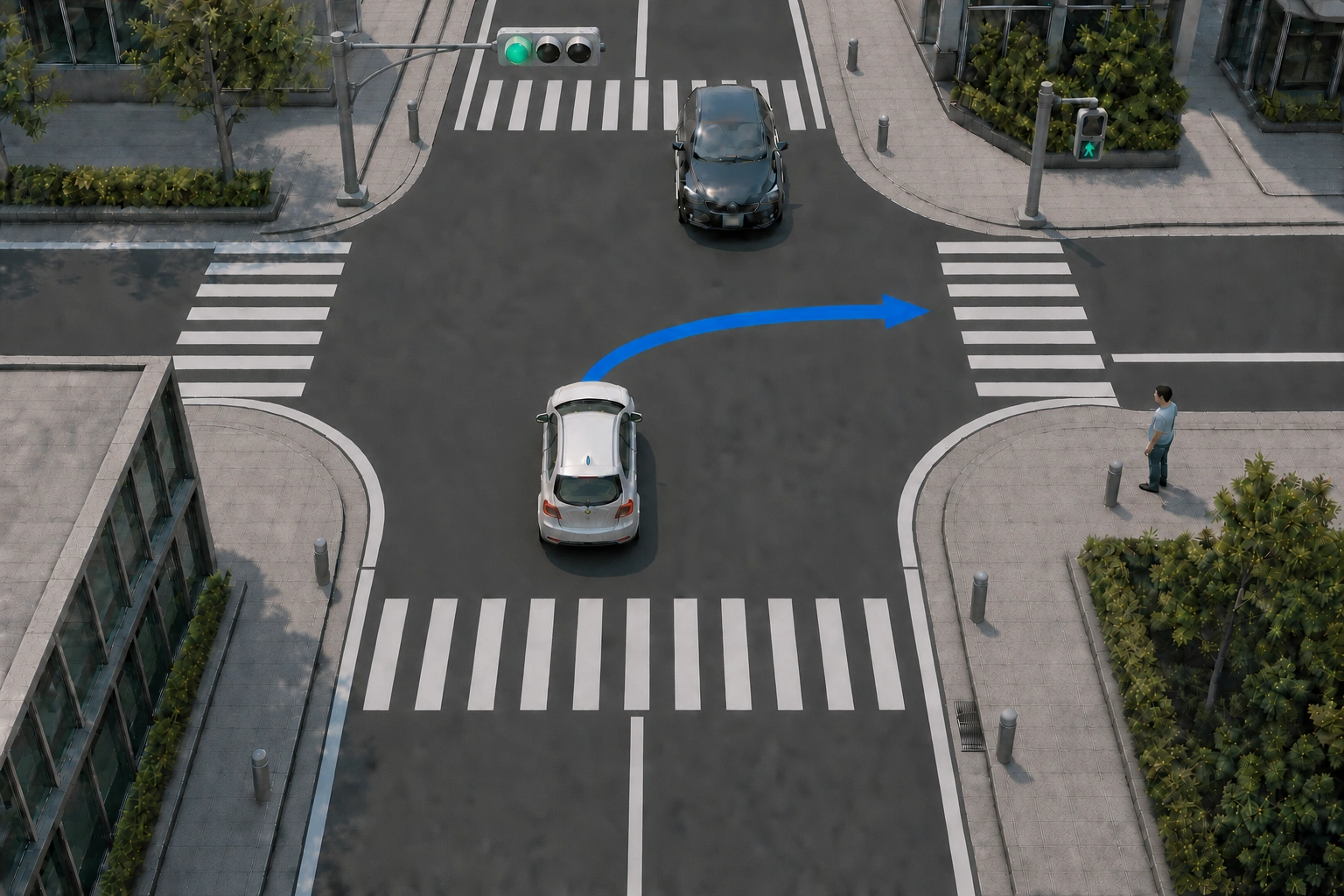 四方向に横断歩道がある日本の交差点で、中央線の左側から右折を待つ車と対向直進車、右折先で待つ歩行者を示す図