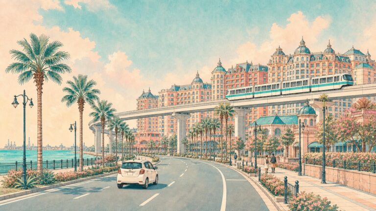 舞浜のホテル群とモノレール、ヤシ並木の湾岸道路を描いた浦安市の水彩イラスト