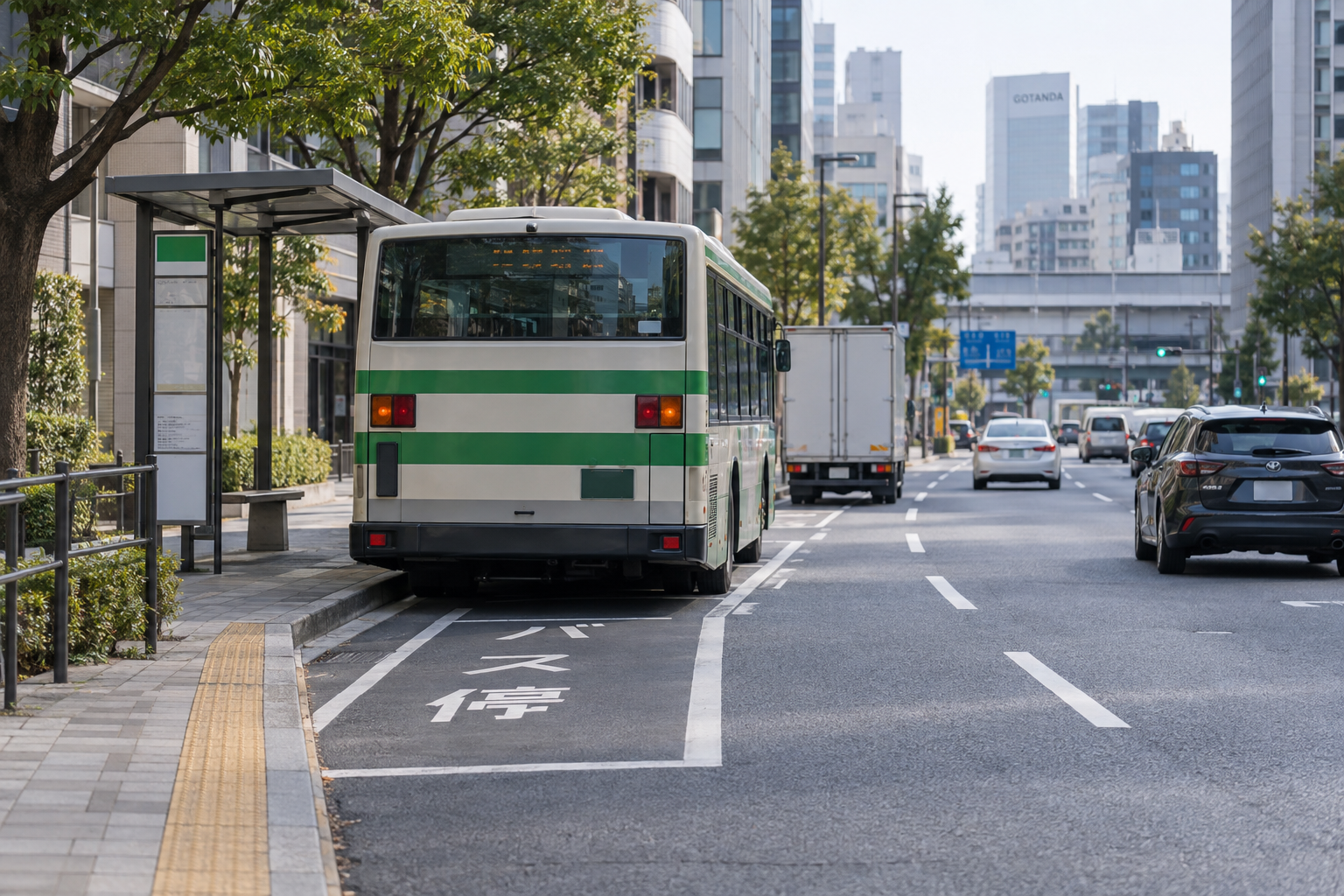停留所のバスと前方の交通状況を見渡せる市街地の道路