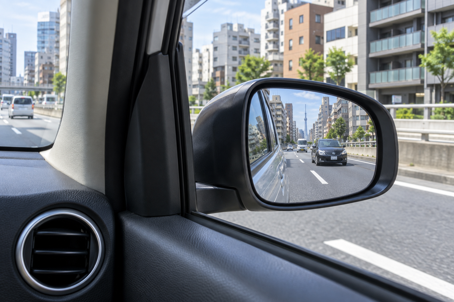 サイドミラーで隣の車線の後続車を確認する場面