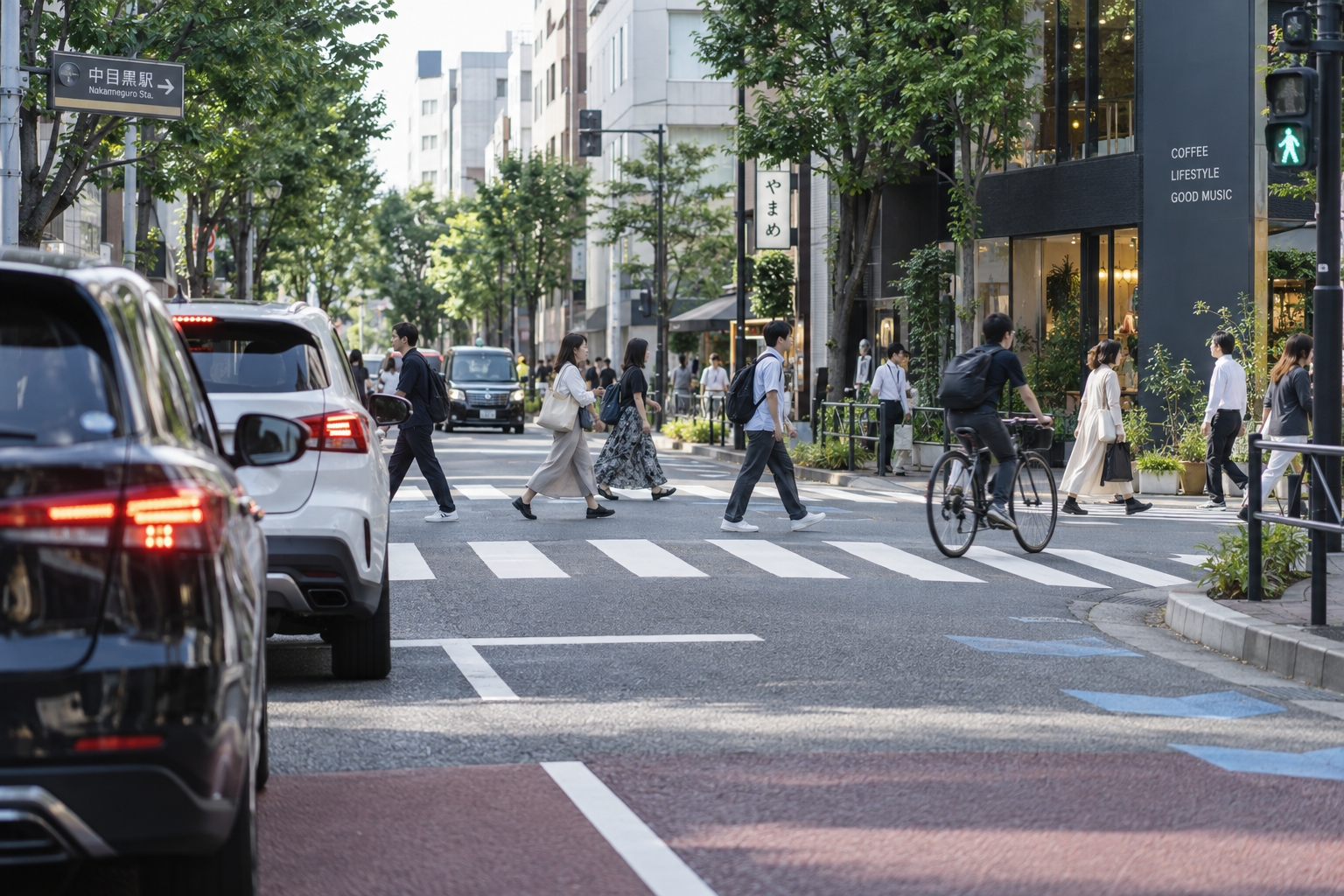横断歩道の歩行者と自転車に気を配る市街地の交差点