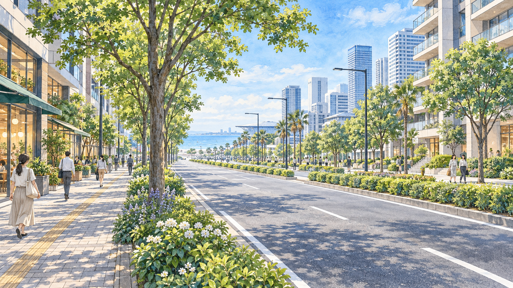 千葉市の美浜区・幕張エリアの街路をモチーフにした水彩イラスト