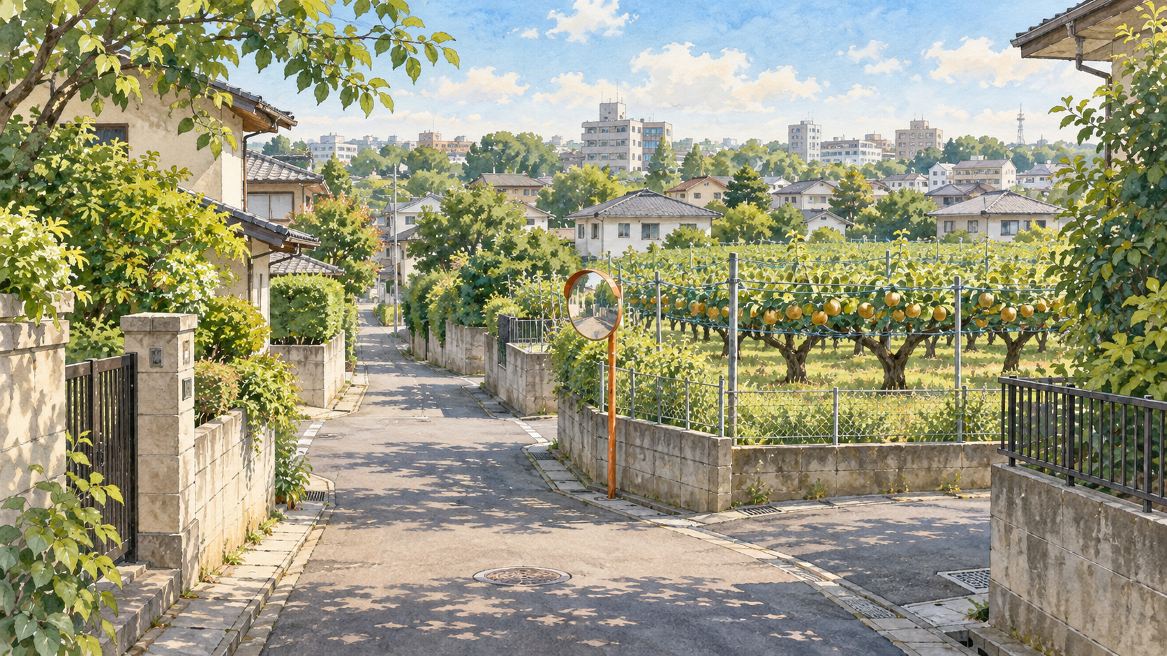 鎌ヶ谷の住宅街の細い道と梨畑をモチーフにした水彩イラスト