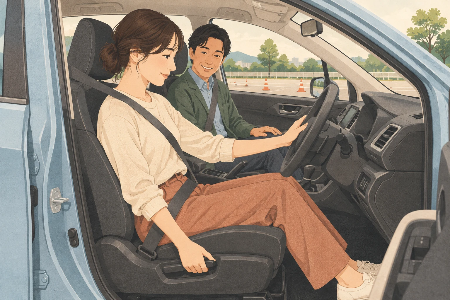 停車中の車内で、講師と運転姿勢を確認する受講者のイラスト