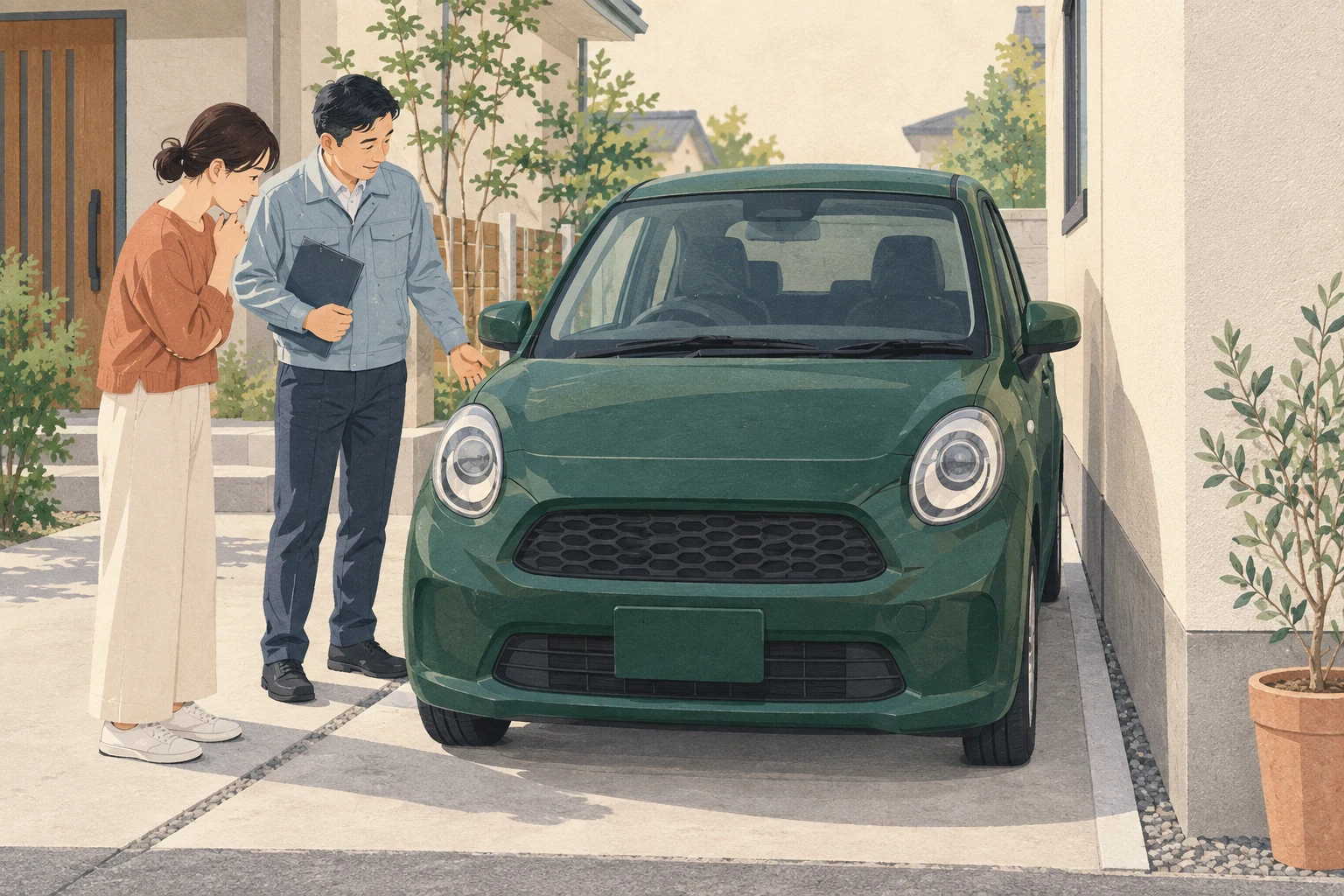 自宅の駐車場で、車と壁との間隔を講師と一緒に確認するイラスト