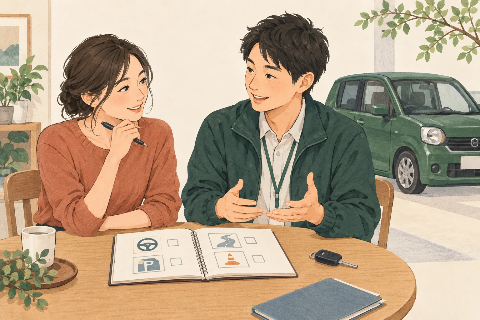 インストラクターと相談しながら、練習したいことをノートで確認する受講者のイラスト
