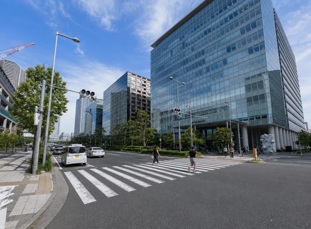 豊洲周辺の広い交差点で横断歩道を確認するペーパードライバー講習