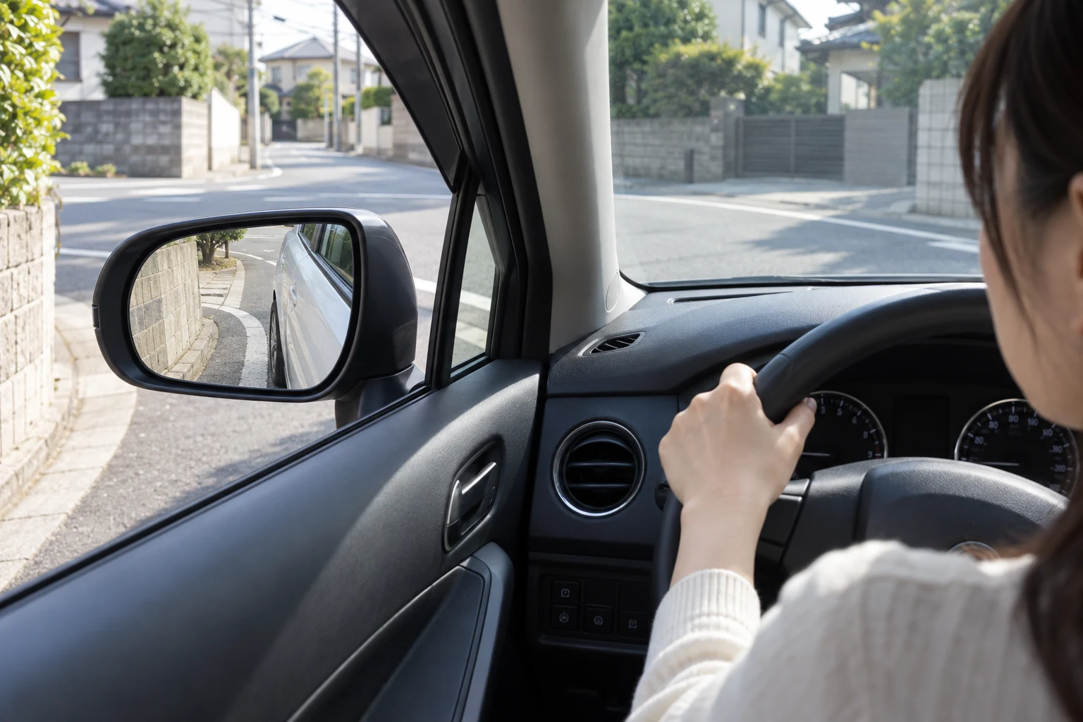 左折中に左サイドミラーで縁石と車の左後ろを確認する様子