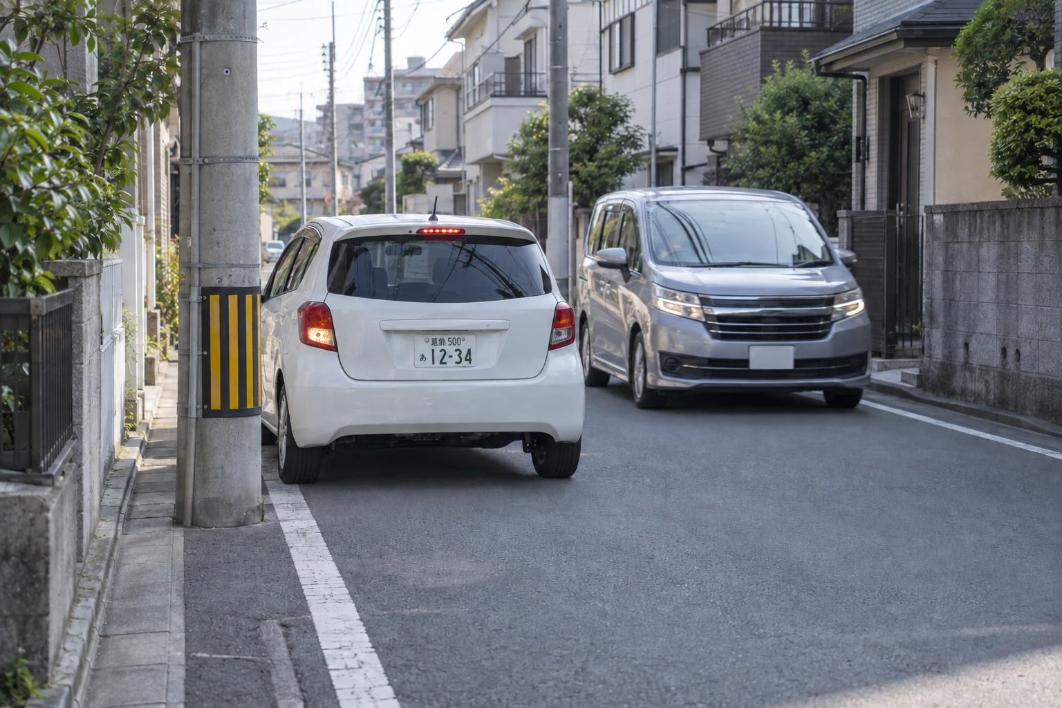 葛飾ナンバーの車が細い生活道路で対向車を待つ様子