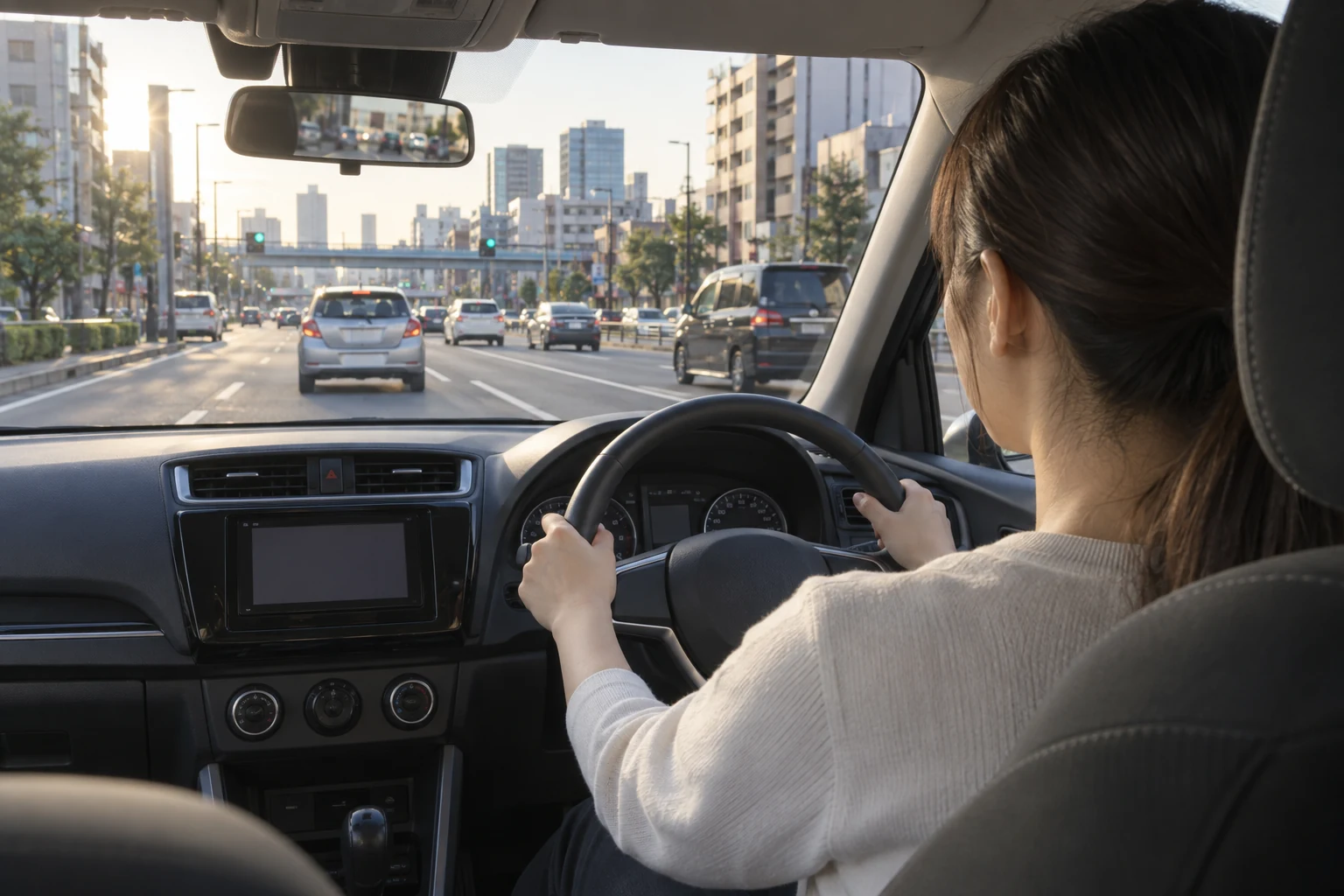 帰り道に遠くの信号と周囲の車を見ながら運転する様子