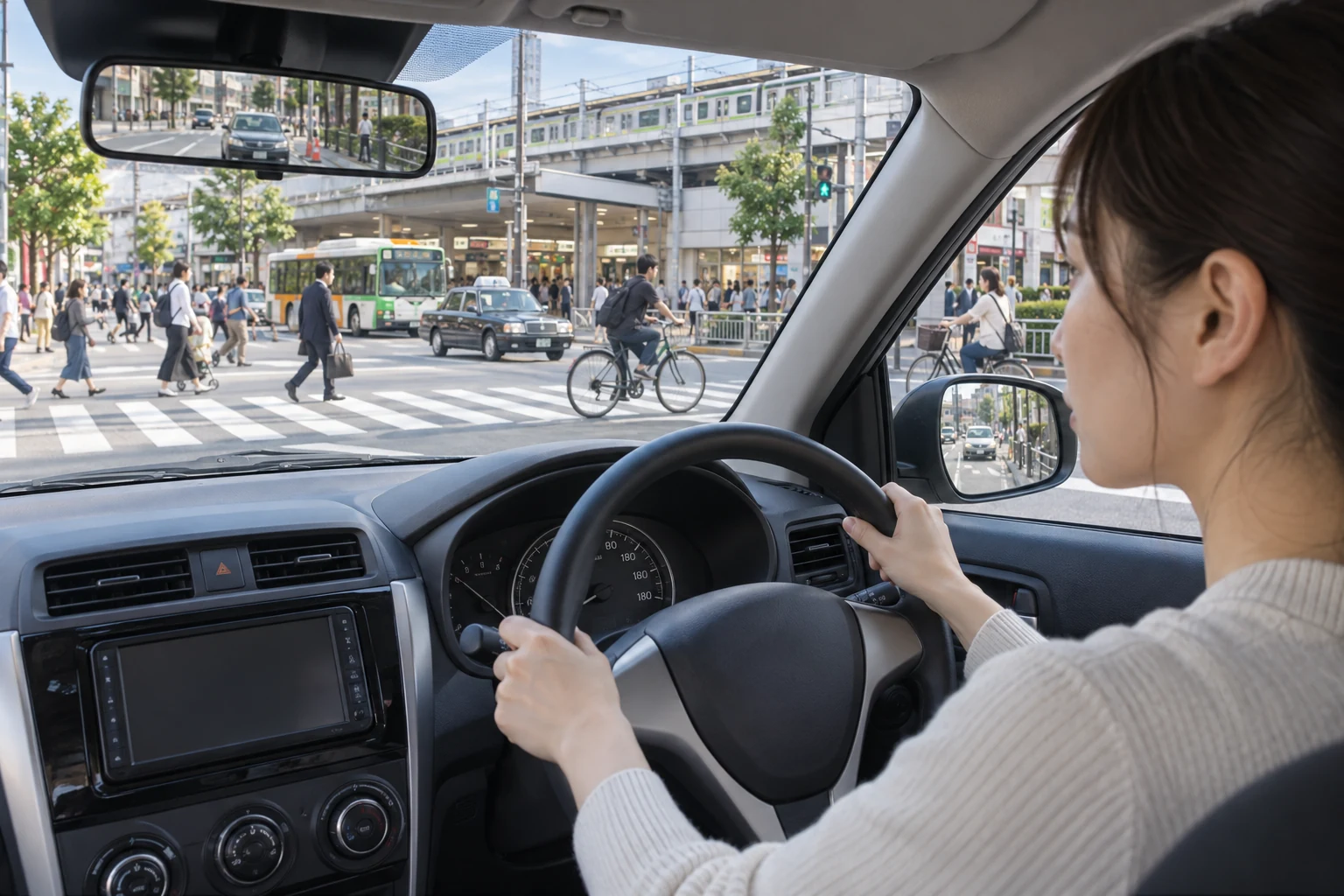 新小岩駅周辺で歩行者と自転車、バスを確認しながら走る様子
