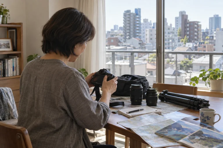 一眼レフカメラと三脚を準備し、車での撮影旅行を目標にする50代女性