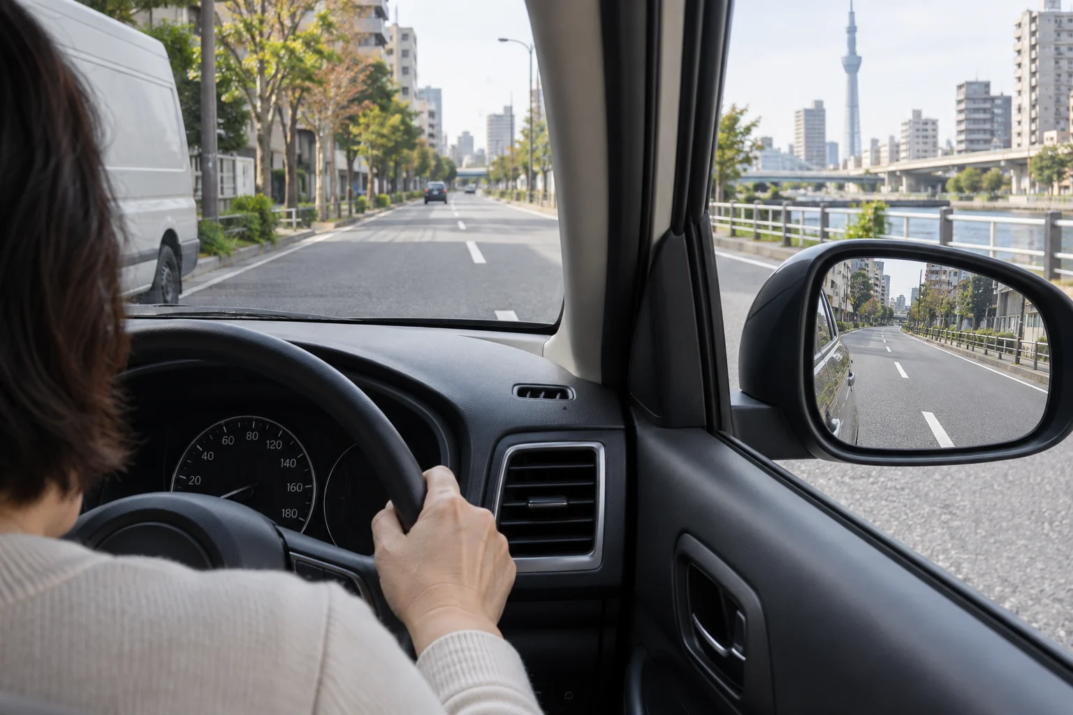 停車車両を避ける前に右サイドミラーと前方の道を確認する運転席からの視界
