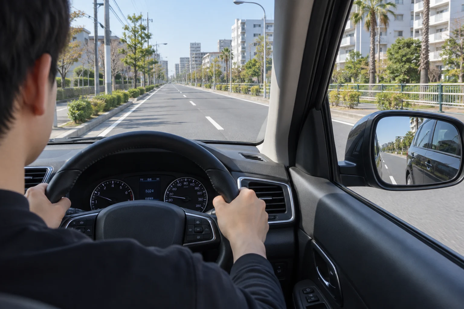 車線変更前にサイドミラーへ映る隣車線の車と前方の道を確認する様子
