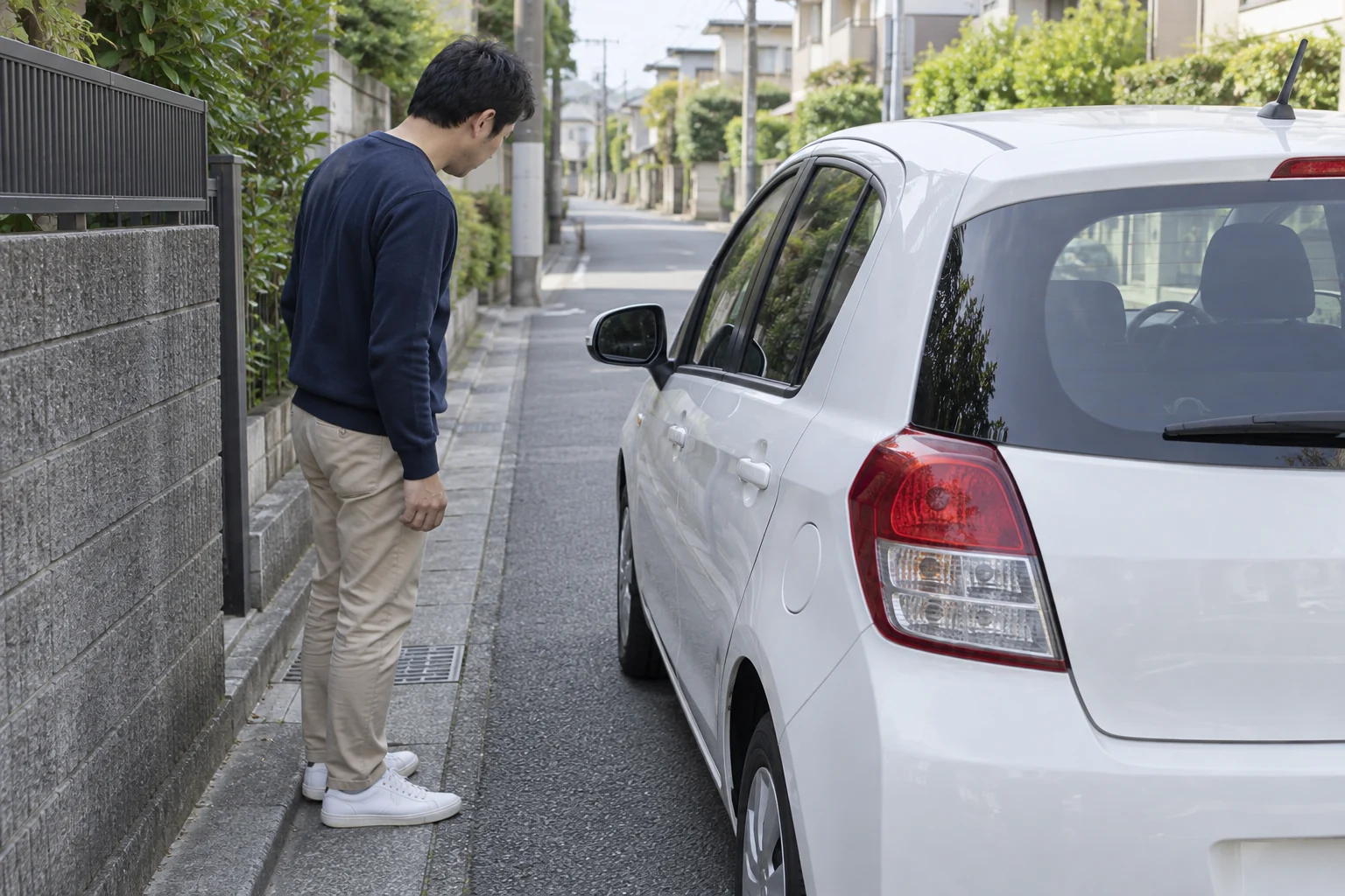 停車した車の左側の間隔を外から見て確かめる男性