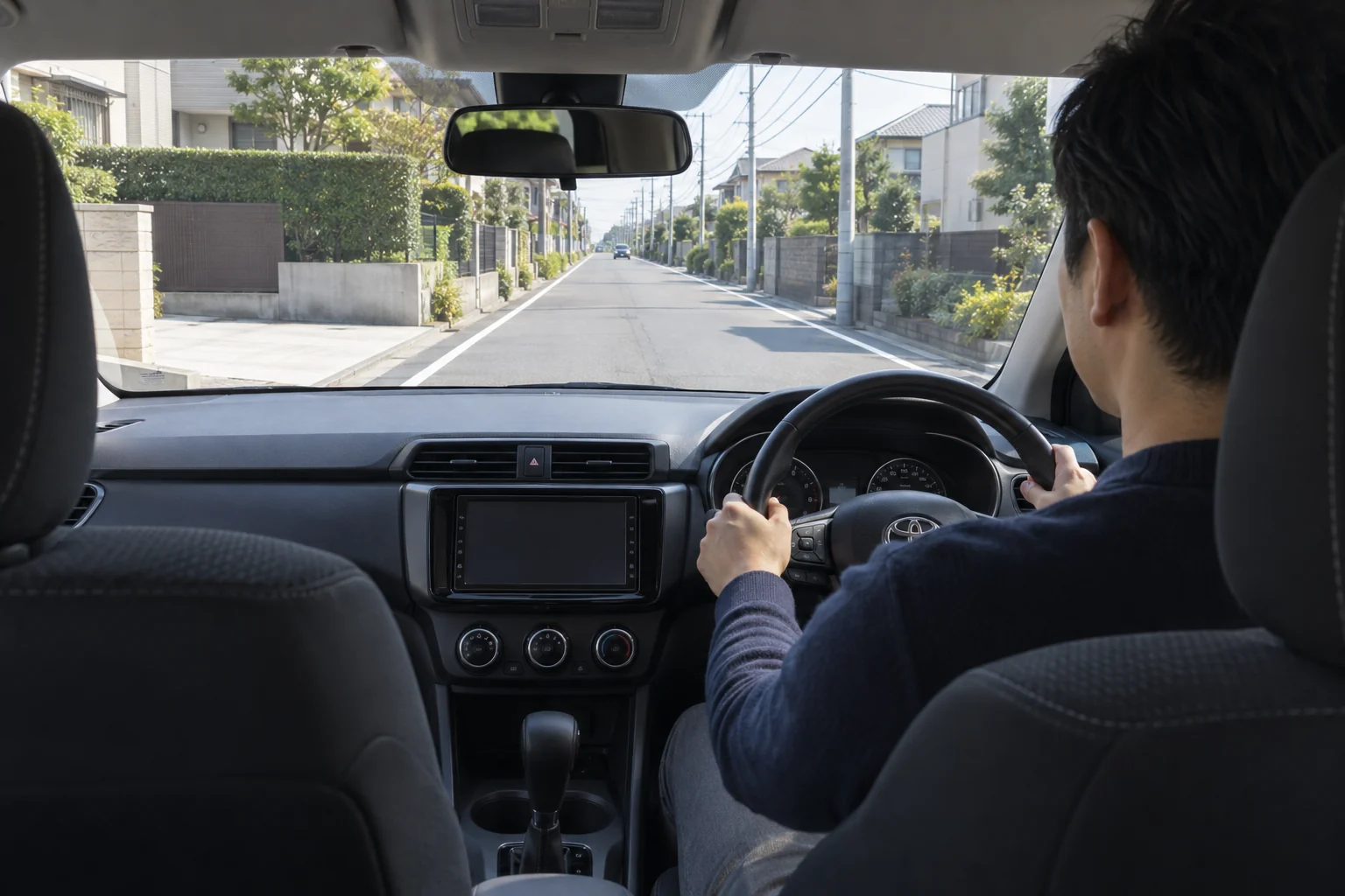 住宅街で遠くの対向車を見つけ、すれ違う前に道幅を確かめる運転席からの視界
