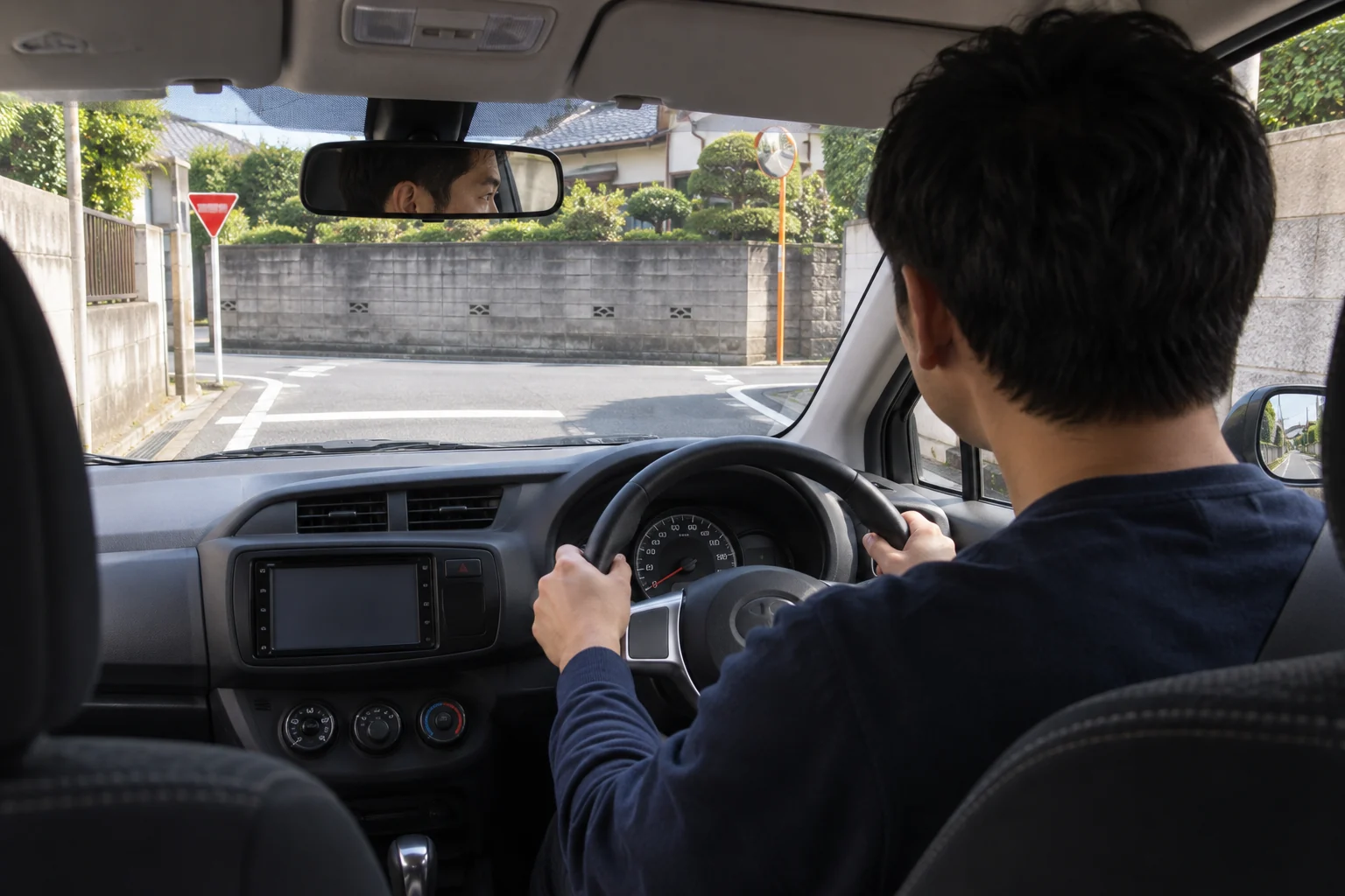 見通しの悪い交差点で一度止まり、左右が見える位置を確かめる運転席からの視界