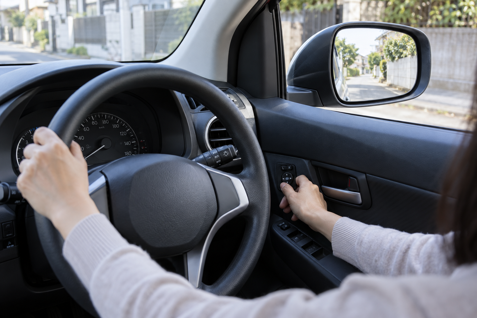 運転前にドアミラーを確認する様子