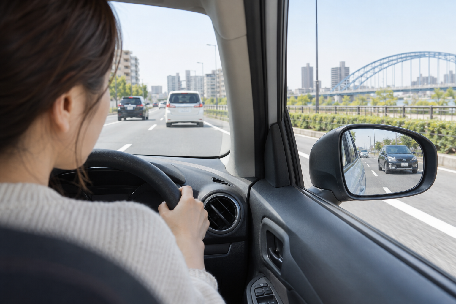 葛西の一般道でミラーと周囲の流れを確認しながら車線変更を練習する様子