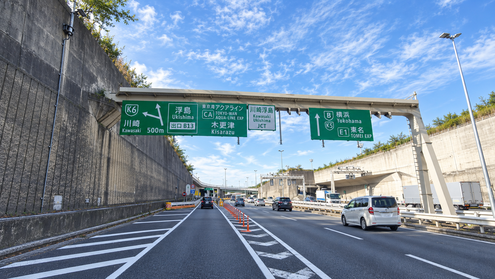高速道路の分岐で急な車線変更を避ける場面のイメージ