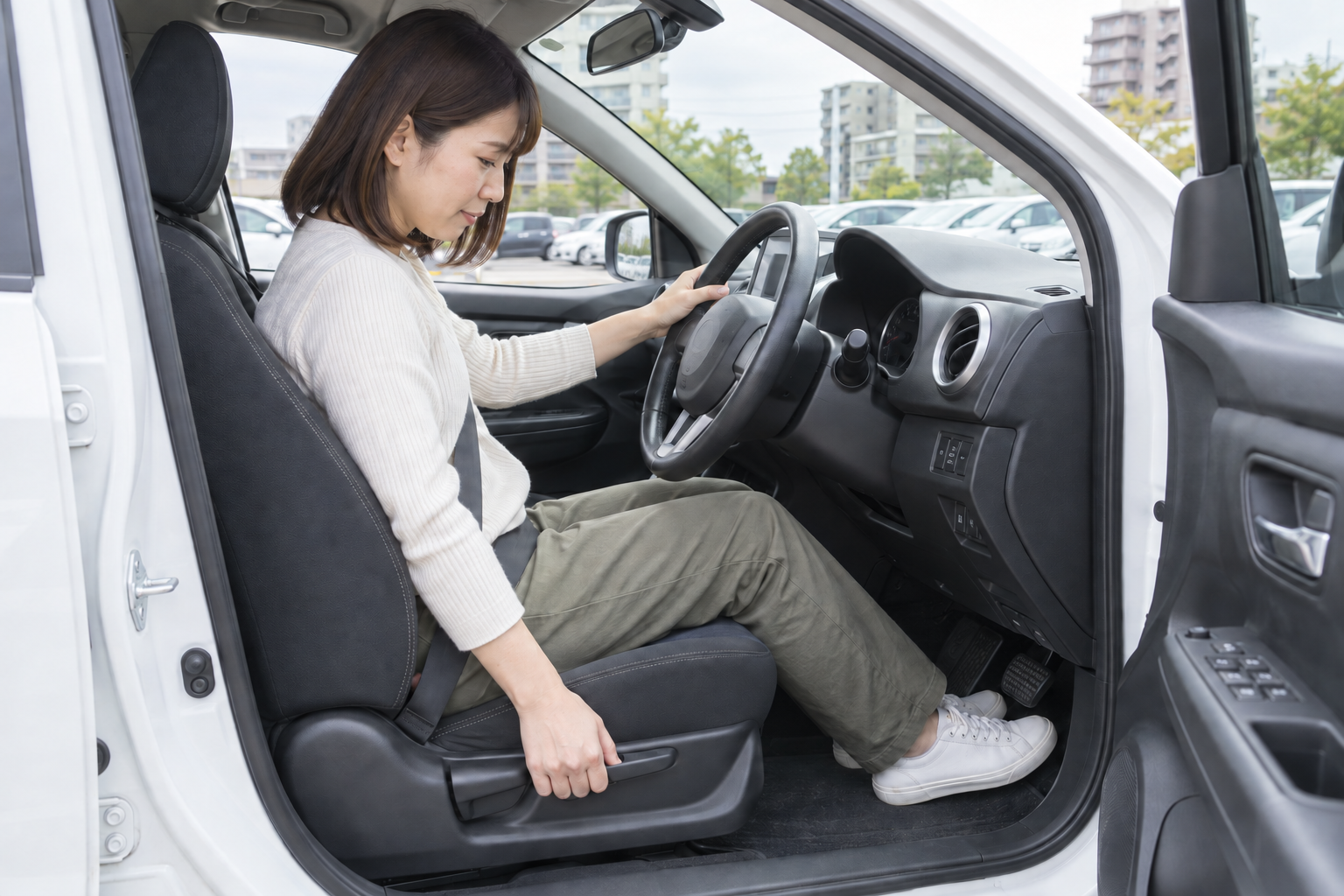 カーシェア車両の運転席で座席位置とペダルまでの距離を確認する女性