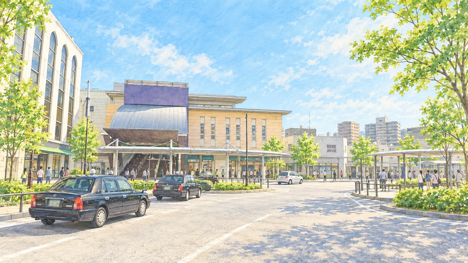 西船橋駅前とロータリーを描いたペーパードライバー講習のイラスト