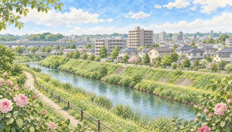 八千代市の水辺と住宅街をイメージした水彩イラスト