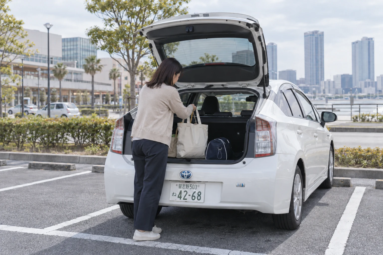 車に買い物袋と習い事の荷物を積む女性