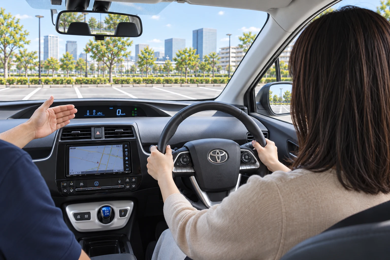 運転席でハンドルを持ち、助手席から操作の説明を受ける様子