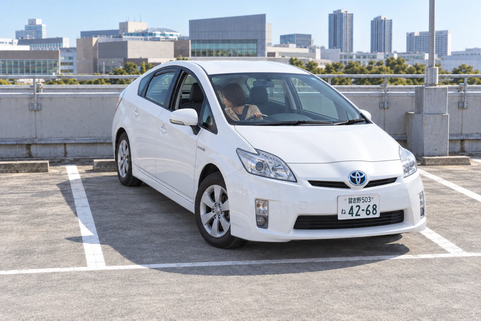 白い教習車でバック駐車を練習する様子
