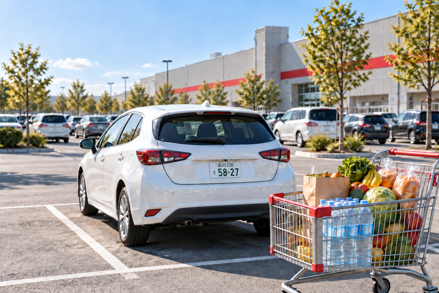 買い物先の駐車場に停めた白い車と、食料品を載せたカートのイメージ