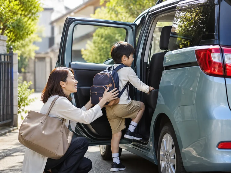 船橋市の送迎・買い物講習レポート：車に乗り込む子どもと保護者のイメージ