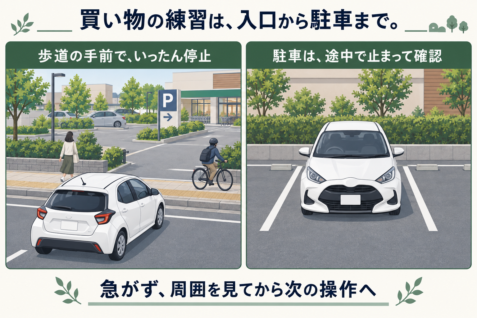 店舗入口の歩道手前での停止と、後ろ向きに駐車枠へ入れた車