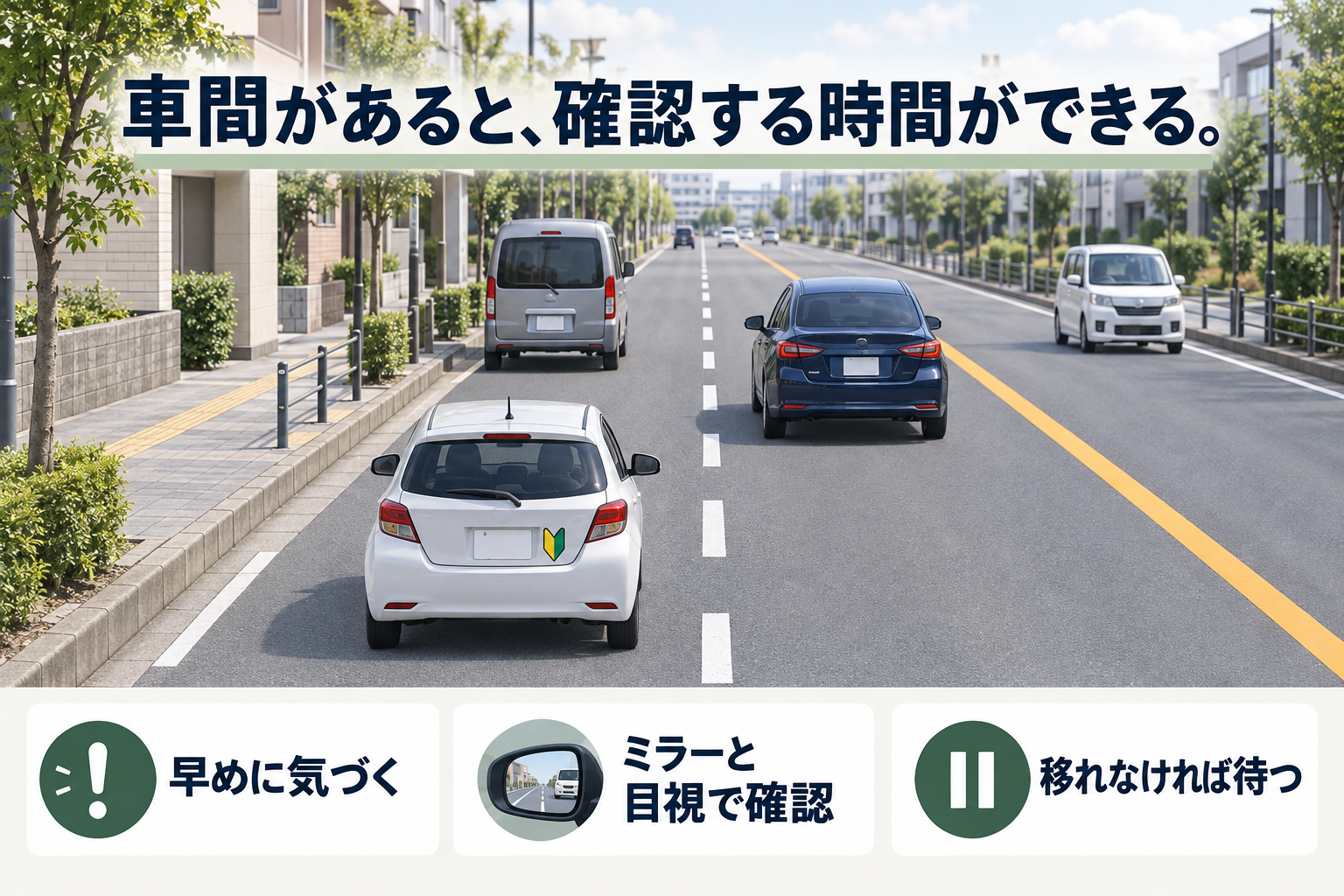 停車車両との車間距離を確保し、隣の車線を確認して待つ場面