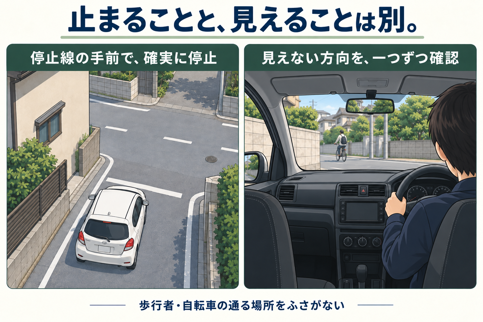 停止線の手前で止まり、見通しの悪い交差点の左右を確認する手順