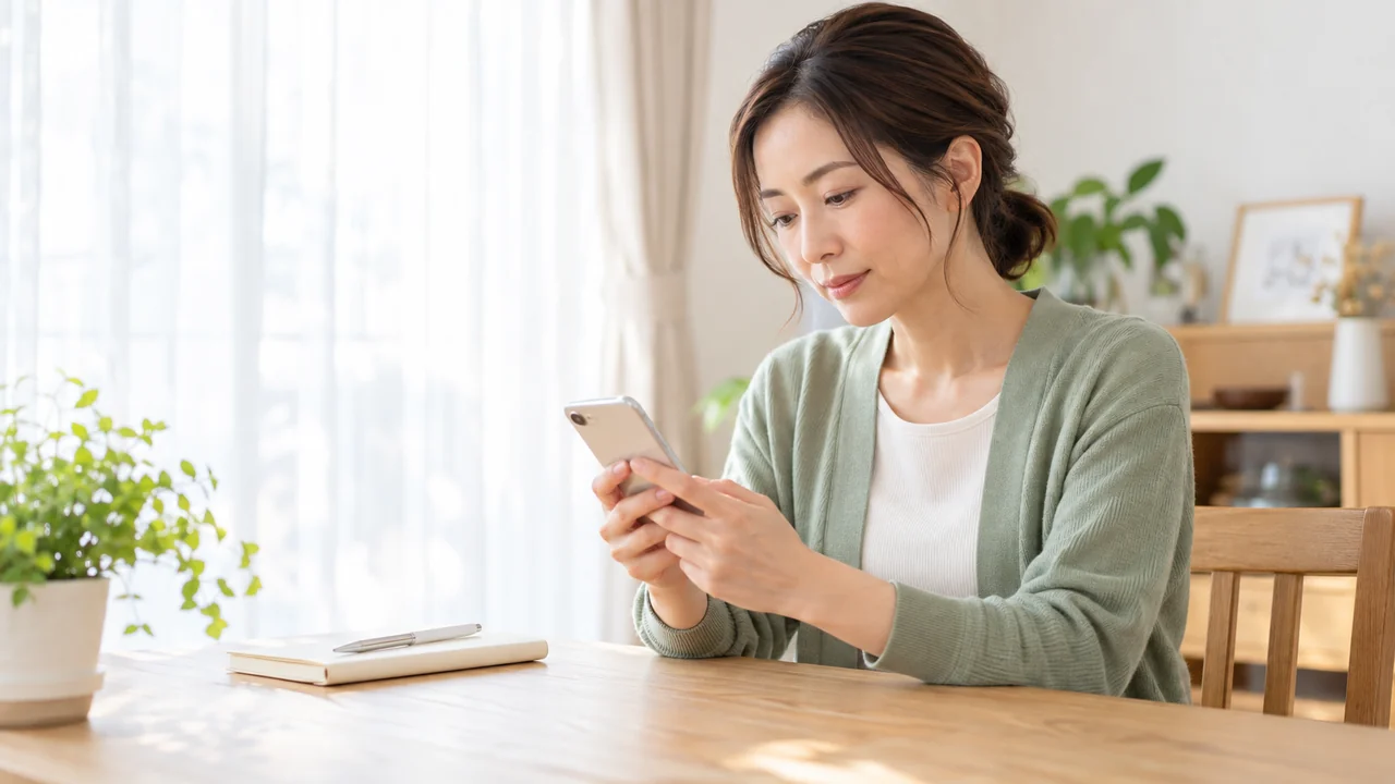 自宅でスマートフォンを使い講習について調べる女性のイメージ（AI生成）