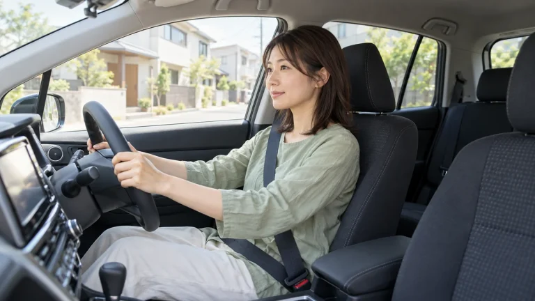 停車中の右ハンドル車の運転席でハンドルを握る女性のイメージ（AI生成）
