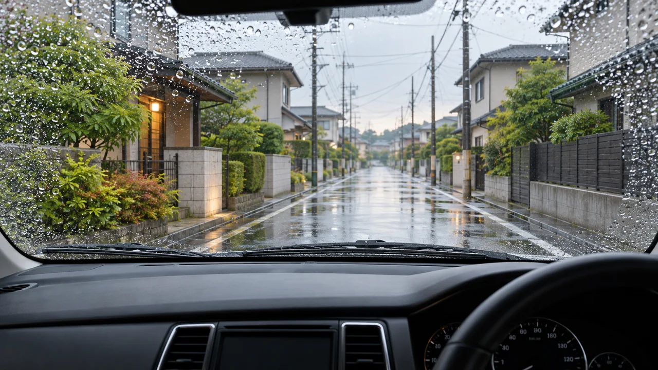 雨の日の住宅街を停車中の右ハンドル車から見た視界のイメージ（AI生成）