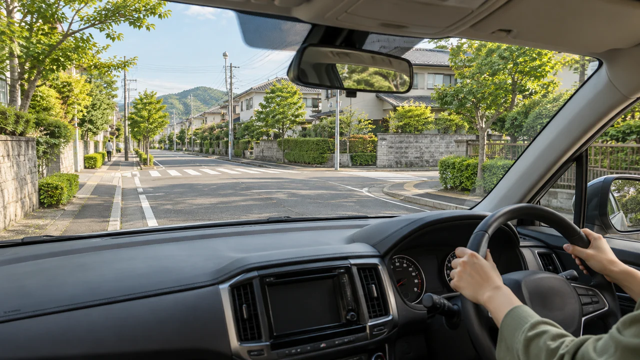 住宅街の交差点手前で、右ハンドル車から前方と周囲を確認する練習のイメージ（AI生成）