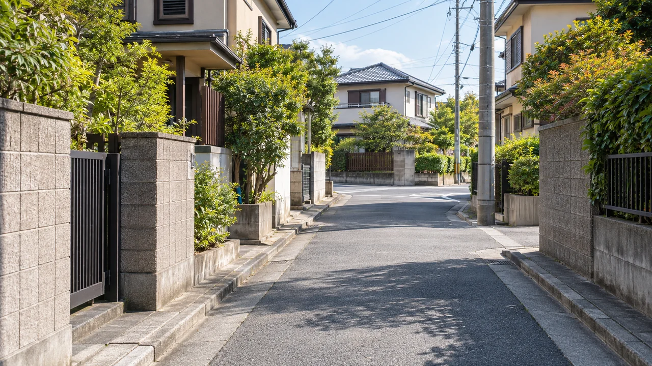 見通しや道幅を確かめながら練習する日本の住宅街のイメージ（AI生成）