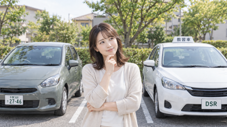 マイカーとDSRの教習車の間で講習に使う車を考える女性