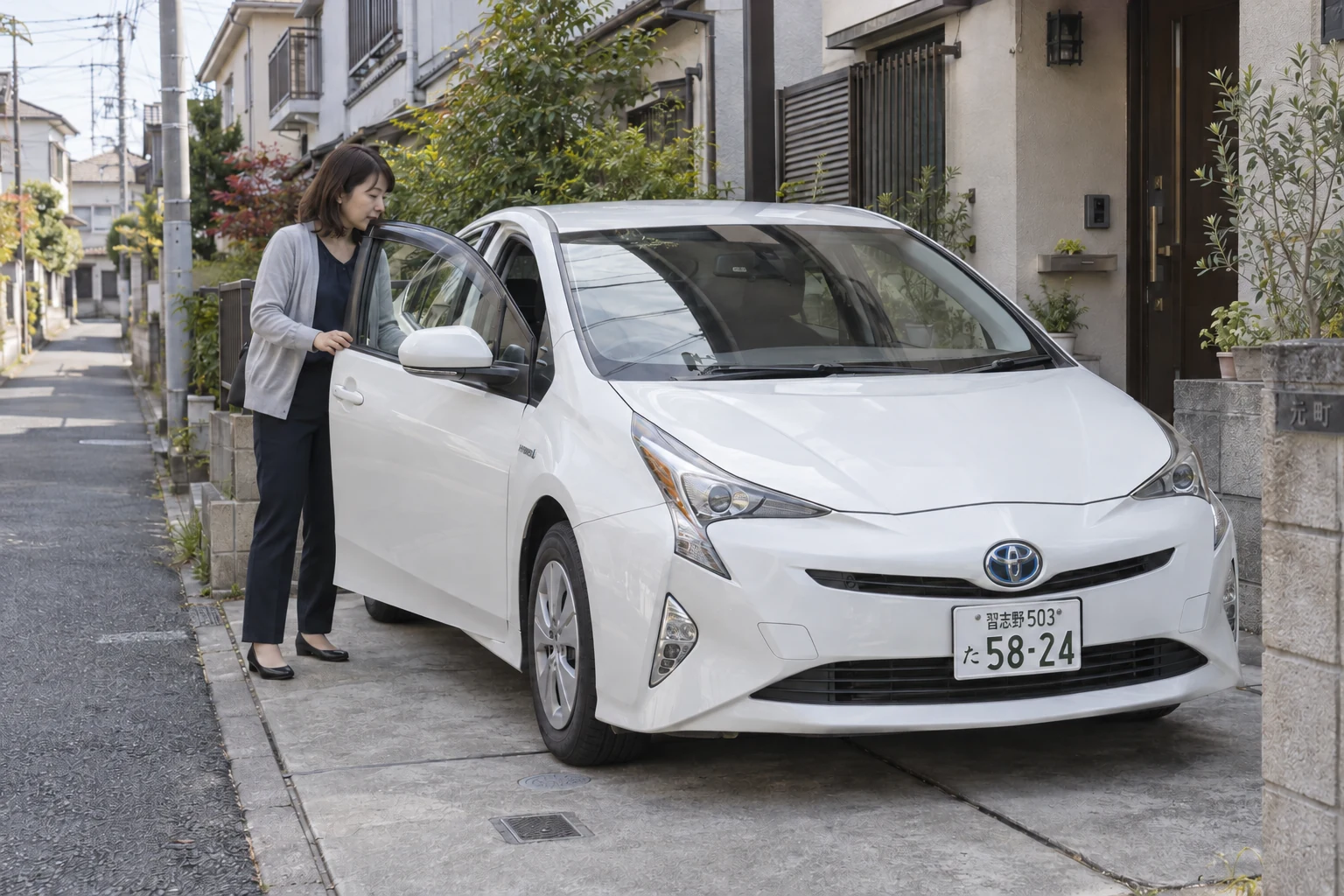 住宅街で白い車に乗り込む女性