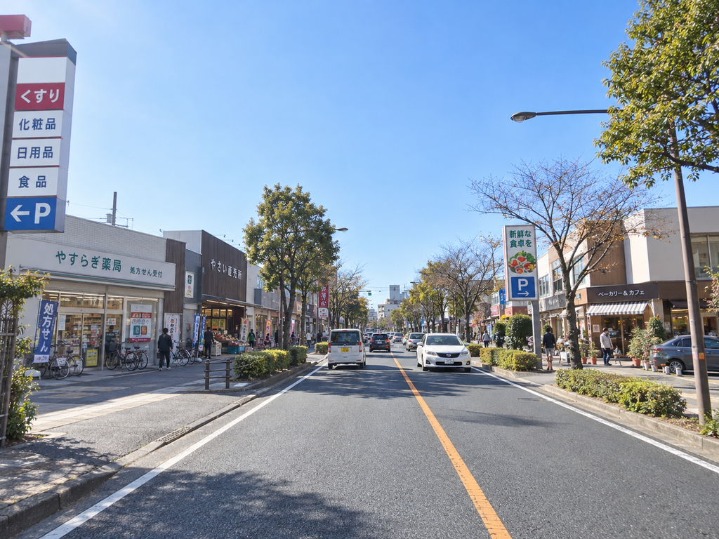 店舗の出入口と歩道が続く市街地の道路